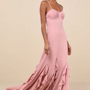 Lulu’s Priela Pink Ruffled Lace-Up Maxi Dress